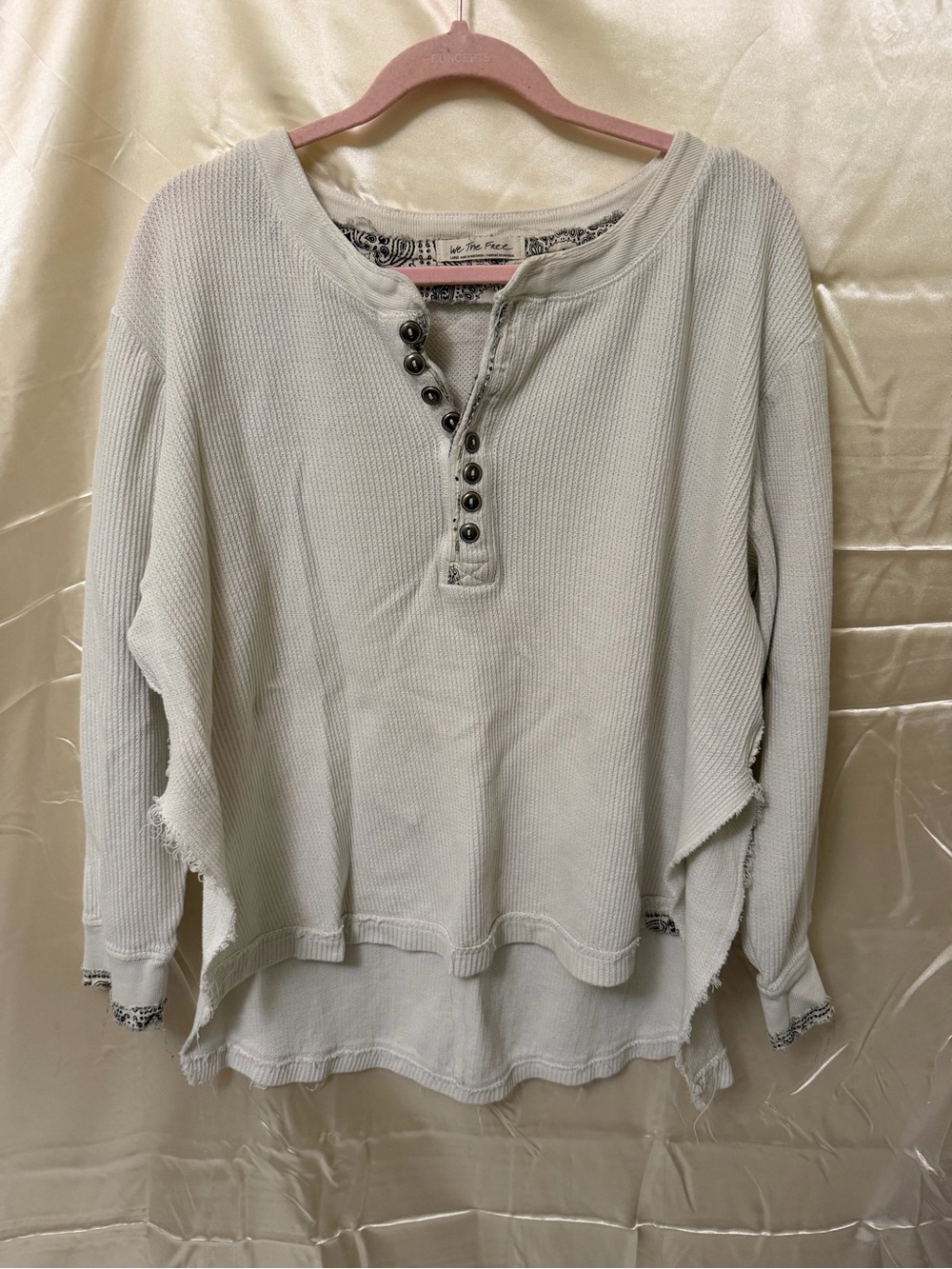 Free People We The Free Thermal Top Large Ivory Waffle Knit Oversized Henley